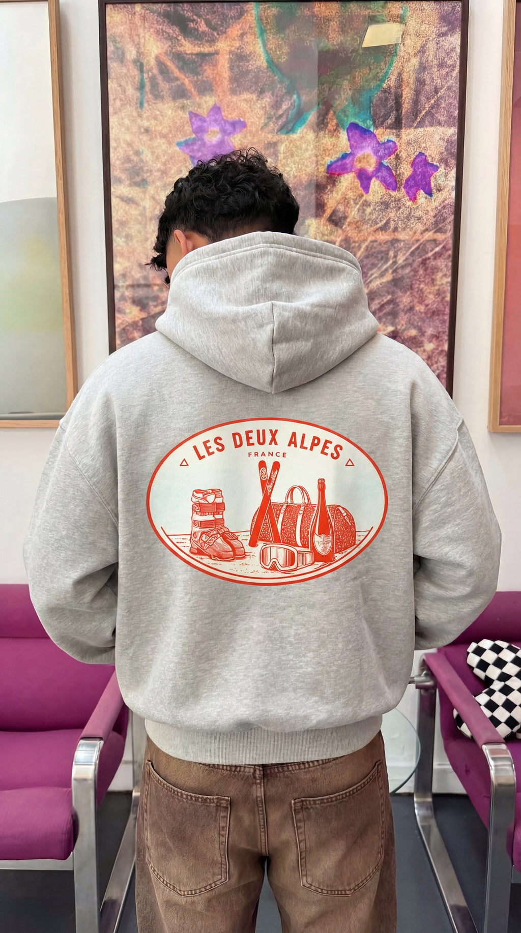 Les Deux Alpes Hoodie – Heather Grey with Blue Back Print