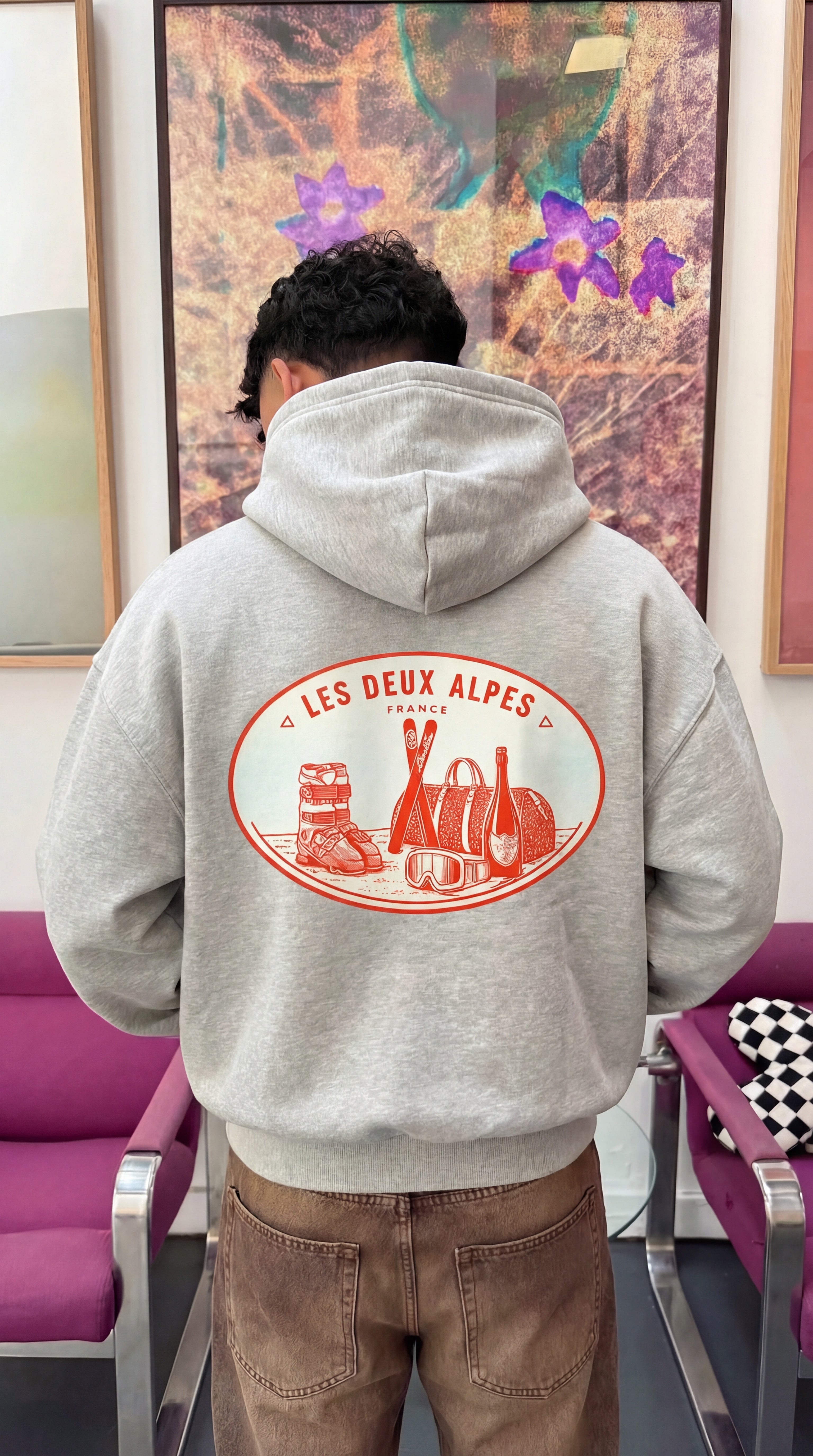 Les Deux Alpes Hoodie – Heather Grey with Blue Back Print