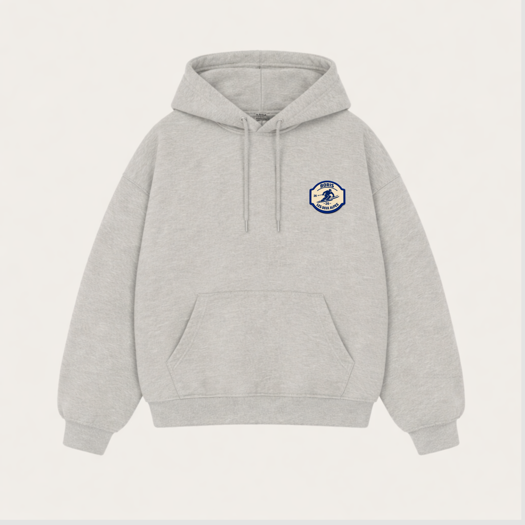 Les Deux Alpes Hoodie – Heather Grey with Blue Back Print